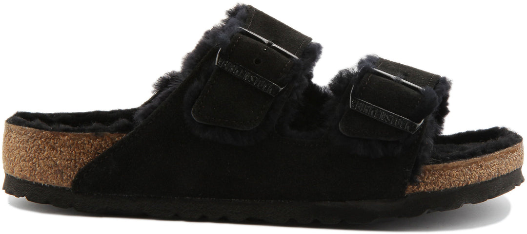 Sandales Birkenstock Arizona | cuir suédé noir doublé de peau lainée pour femmes