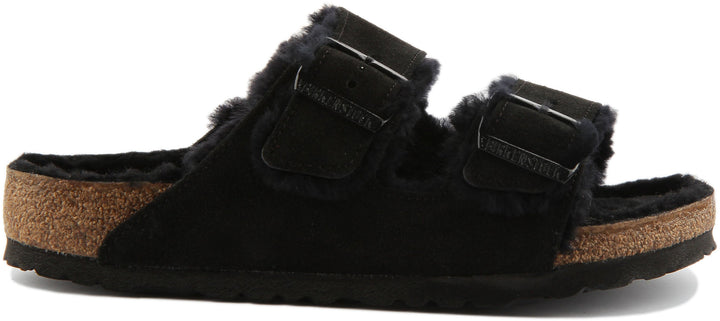 Sandales Birkenstock Arizona | cuir suédé noir doublé de peau lainée pour femmes