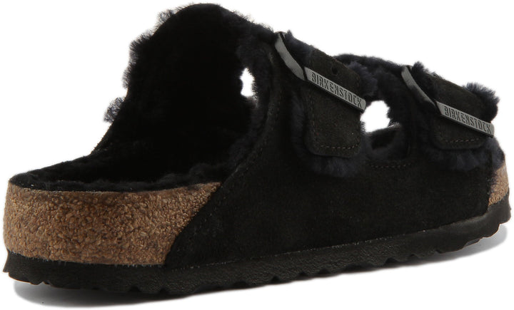 Sandales Birkenstock Arizona | cuir suédé noir doublé de peau lainée pour femmes