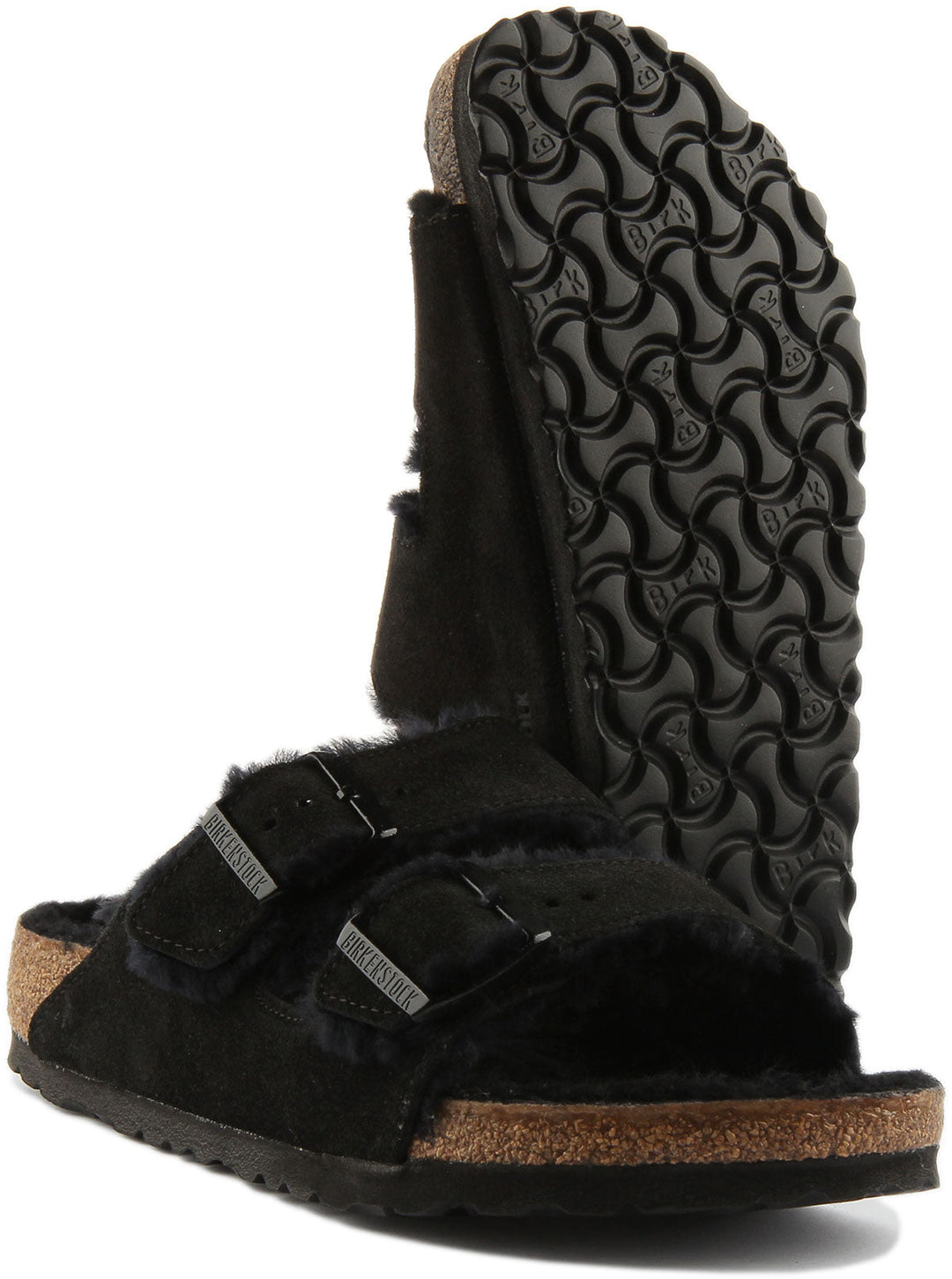 Sandales Birkenstock Arizona | cuir suédé noir doublé de peau lainée pour femmes