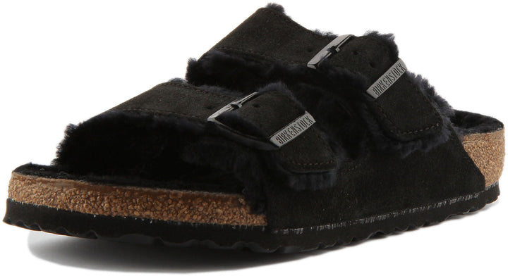 Sandales Birkenstock Arizona | cuir suédé noir doublé de peau lainée pour femmes