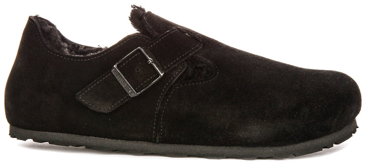 Zoccoli Birkenstock London | Pelle scamosciata nera con fodera in shearling da donna - calzata regolare
