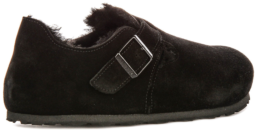 Zoccoli Birkenstock London | Pelle scamosciata nera con fodera in shearling da donna - calzata regolare