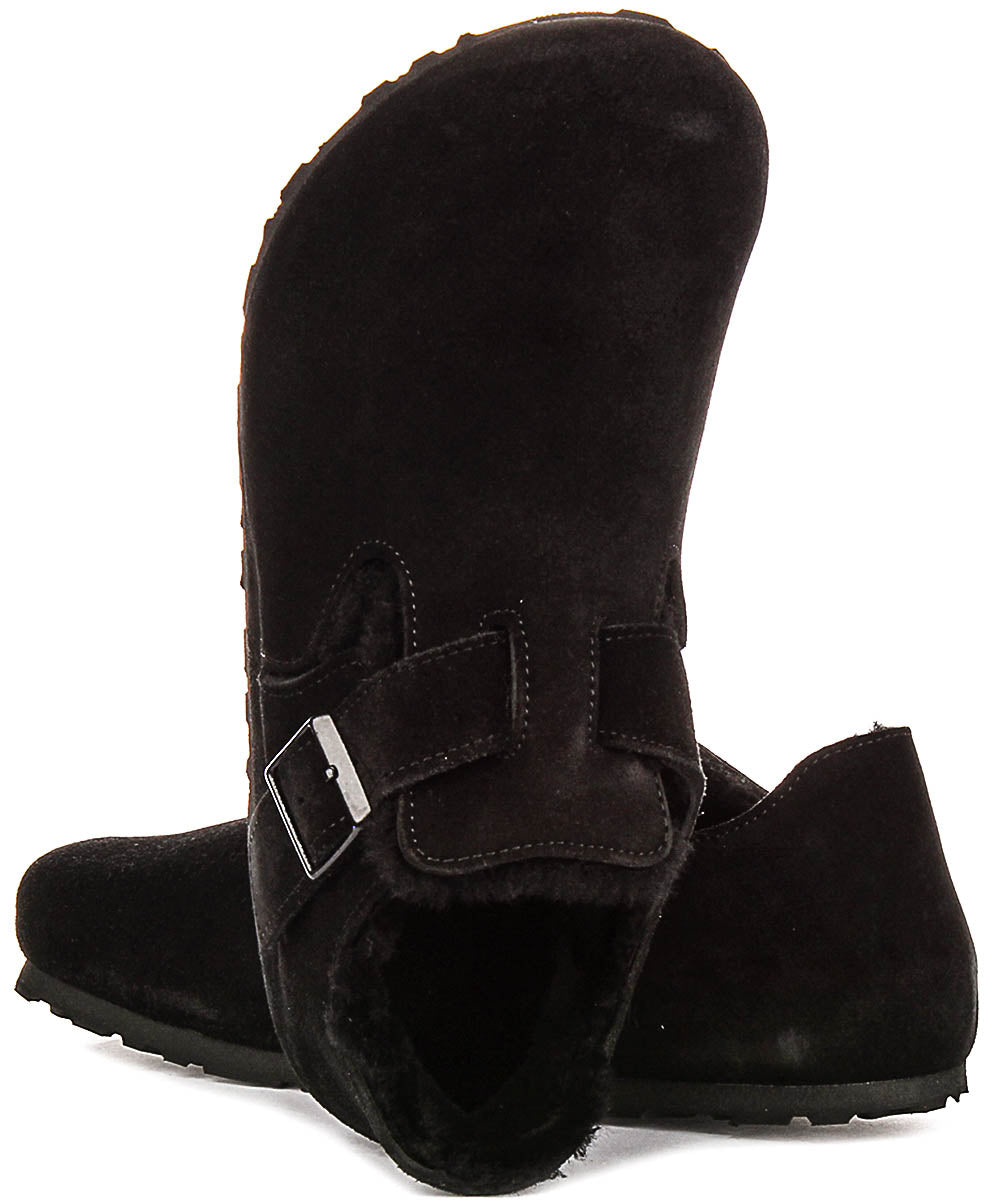 Zoccoli Birkenstock London | Pelle scamosciata nera con fodera in shearling da donna - calzata regolare