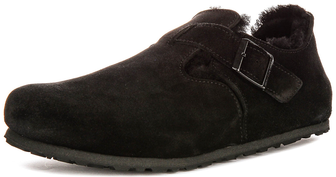 Zoccoli Birkenstock London | Pelle scamosciata nera con fodera in shearling da donna - calzata regolare