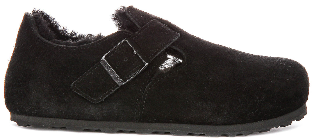Zoccoli Birkenstock London | Pelle scamosciata nera con fodera in shearling da uomo e donna - calzata stretta