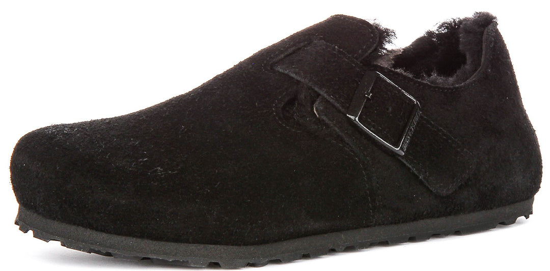 Zoccoli Birkenstock London | Pelle scamosciata nera con fodera in shearling da uomo e donna - calzata stretta