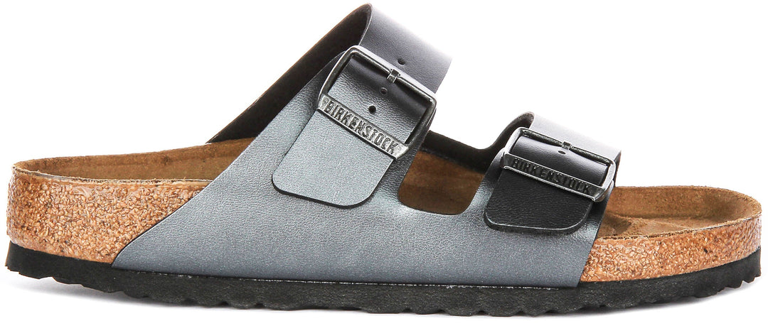 Sandales Birkenstock Arizona | Birko-Flor noir métallisé - finition métallisée pour femmes - largeur normale