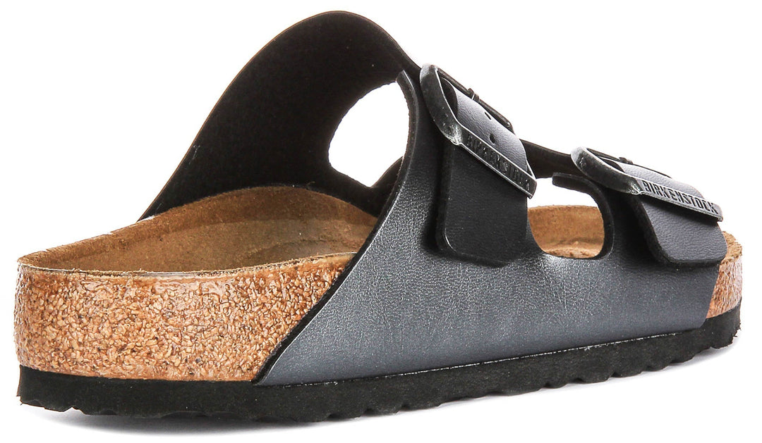 Sandales Birkenstock Arizona | Birko-Flor noir métallisé - finition métallisée pour femmes - largeur normale