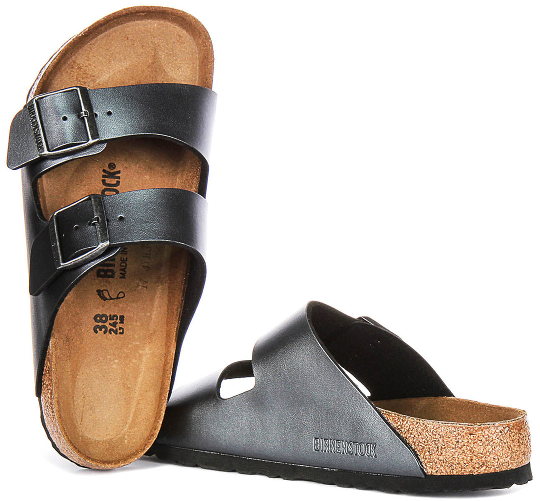Sandales Birkenstock Arizona | Birko-Flor noir métallisé - finition métallisée pour femmes - largeur normale