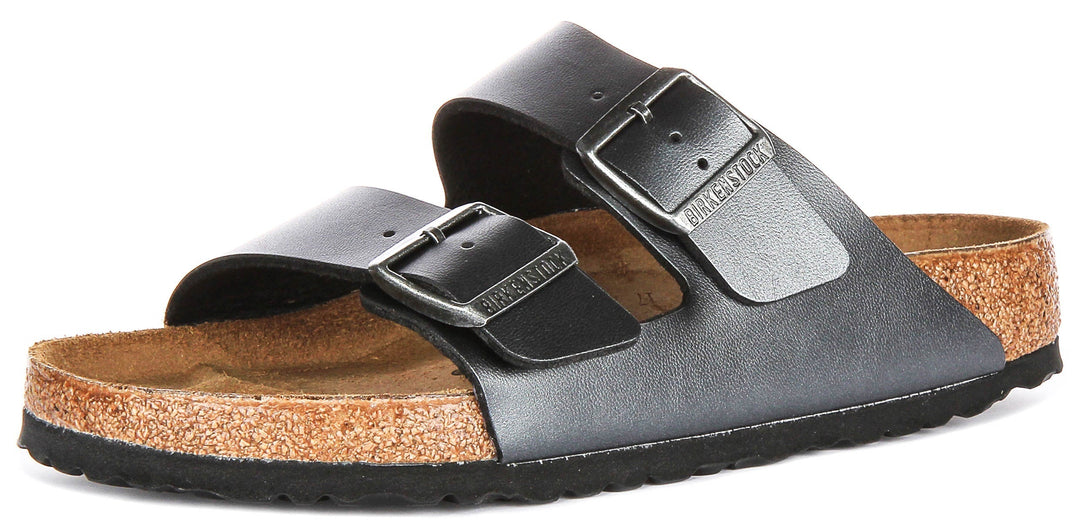Sandales Birkenstock Arizona | Birko-Flor noir métallisé - finition métallisée pour femmes - largeur normale