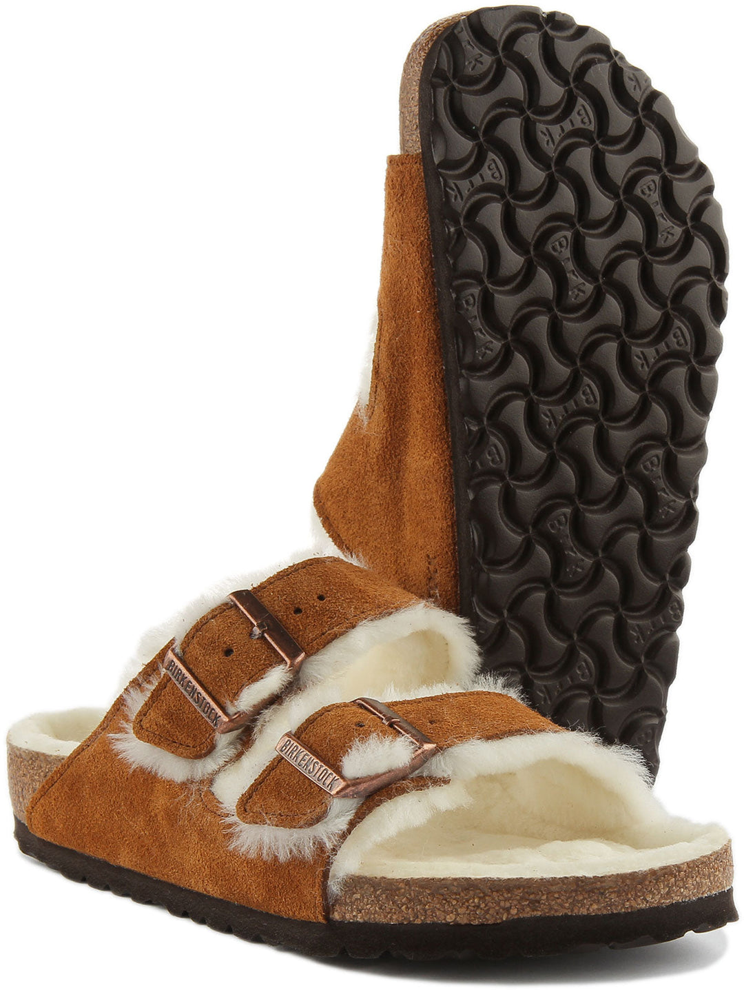 Sandales Birkenstock Arizona | cuir suédé vison doublé de peau lainée pour femmes