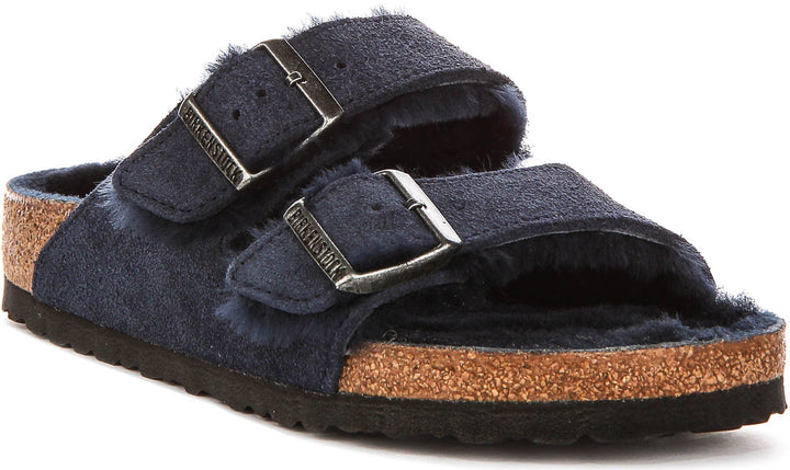 Birkenstock Arizona-sandalen | marineblauw suède met voering van lamsvacht voor dames – normale pasvorm