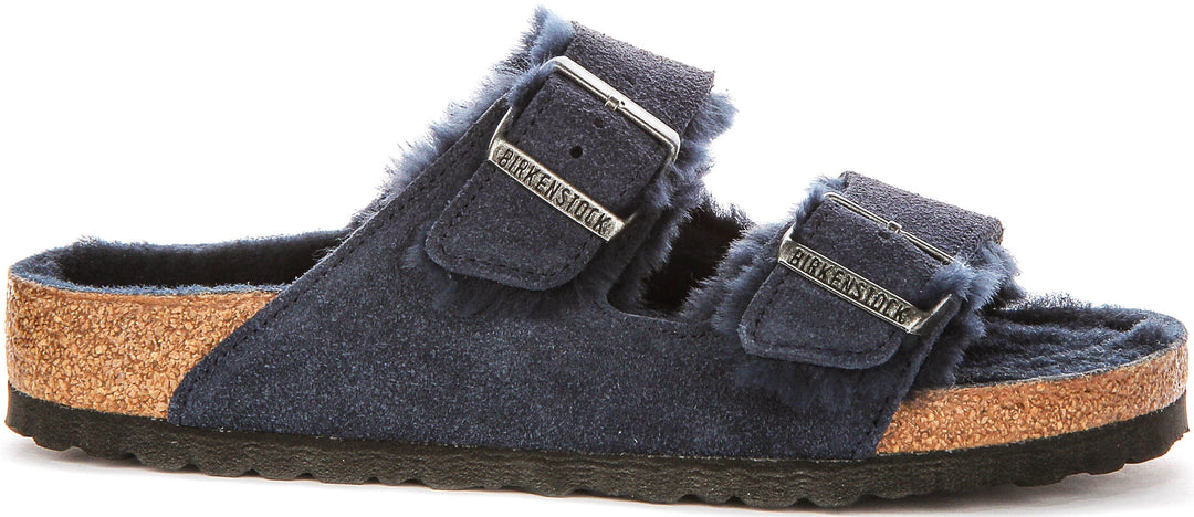 Birkenstock Arizona-sandalen | marineblauw suède met voering van lamsvacht voor dames – normale pasvorm