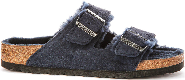 Birkenstock Arizona-sandalen | marineblauw suède met voering van lamsvacht voor dames – normale pasvorm