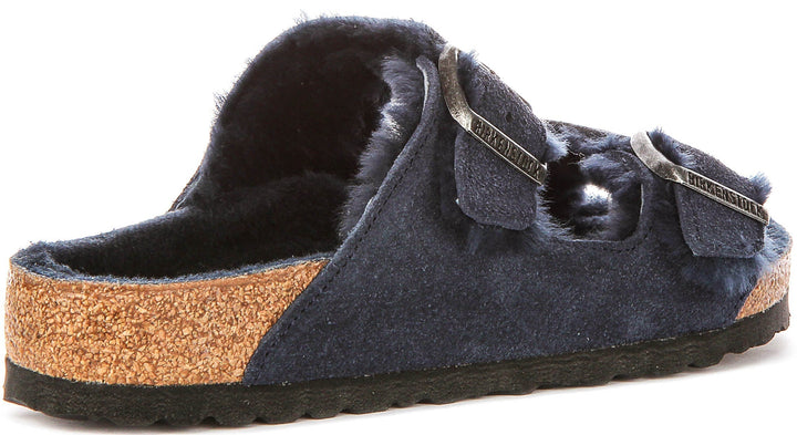 Birkenstock Arizona-sandalen | marineblauw suède met voering van lamsvacht voor dames – normale pasvorm