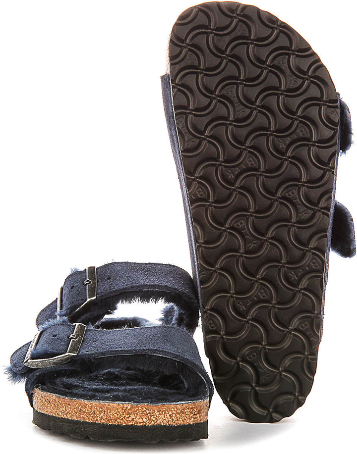Birkenstock Arizona-sandalen | marineblauw suède met voering van lamsvacht voor dames – normale pasvorm