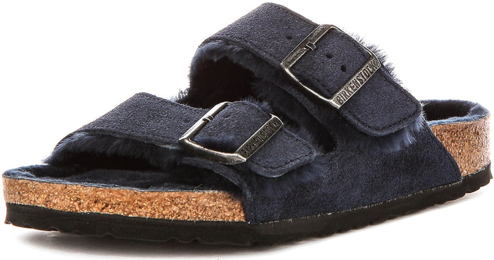 Birkenstock Arizona-sandalen | marineblauw suède met voering van lamsvacht voor dames – normale pasvorm
