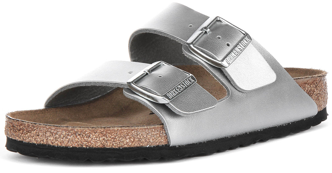 Sandalias Birkenstock Arizona | Birko-Flor plateado para mujeres - horma regular