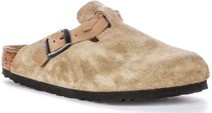 Zuecos Birkenstock Boston | ante de cuero color topo - correa trenzada para mujer
