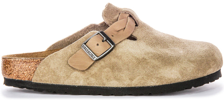 Zuecos Birkenstock Boston | ante de cuero color topo - correa trenzada para mujer