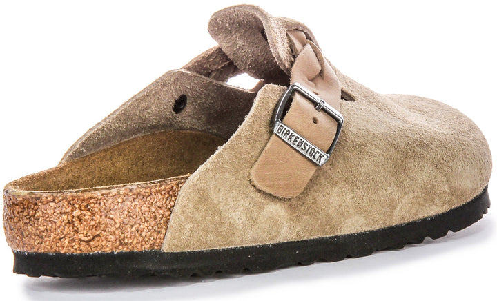 Zuecos Birkenstock Boston | ante de cuero color topo - correa trenzada para mujer