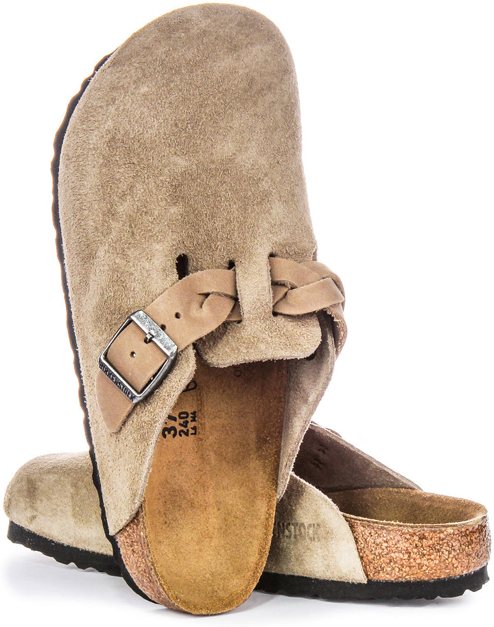 Zuecos Birkenstock Boston | ante de cuero color topo - correa trenzada para mujer
