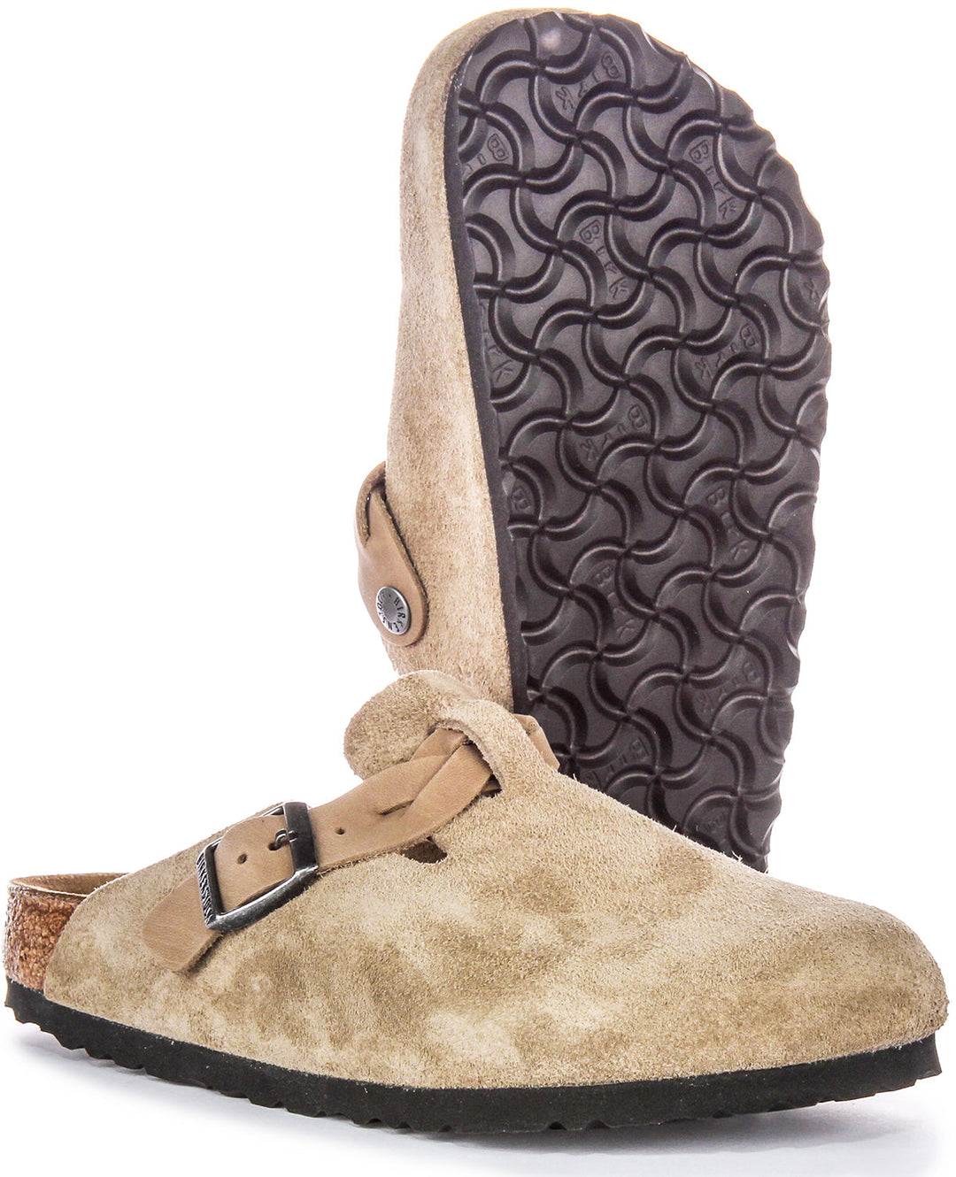 Zuecos Birkenstock Boston | ante de cuero color topo - correa trenzada para mujer