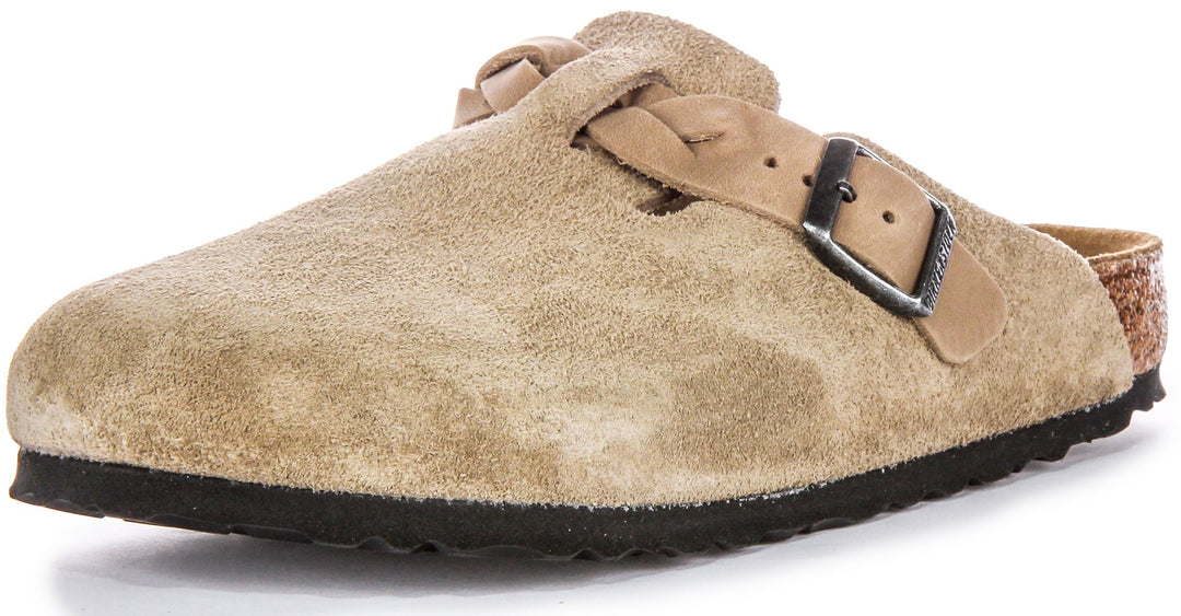 Zuecos Birkenstock Boston | ante de cuero color topo - correa trenzada para mujer