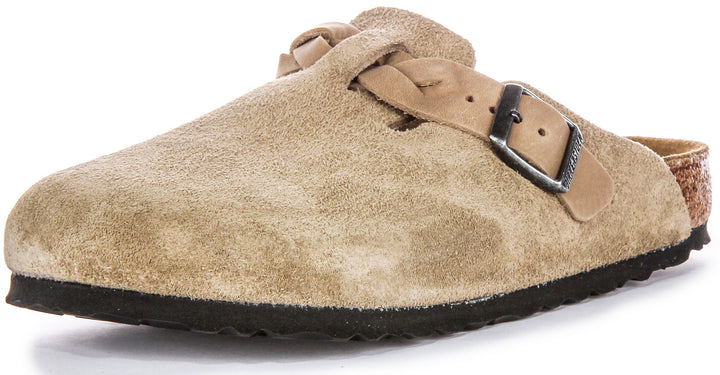 Zuecos Birkenstock Boston | ante de cuero color topo - correa trenzada para mujer