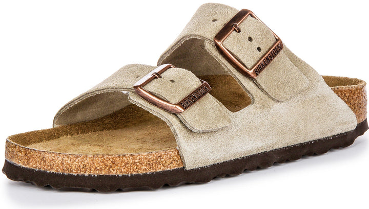 Sandales Birkenstock Arizona | cuir suédé taupe - semelle intérieure souple pour femmes - largeur étroite