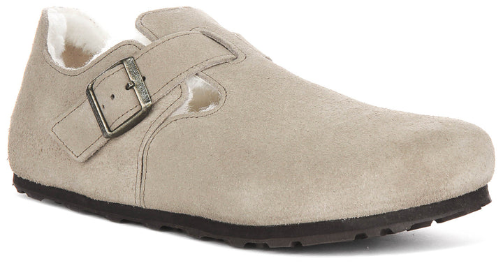 Sabots Birkenstock London | cuir suédé taupe doublé de peau lainée pour femmes