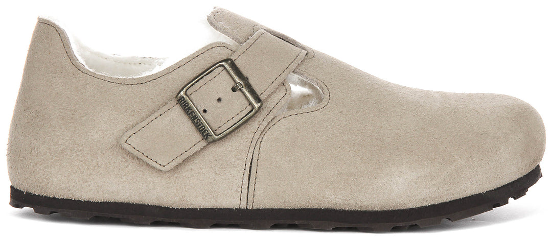 Sabots Birkenstock London | cuir suédé taupe doublé de peau lainée pour femmes