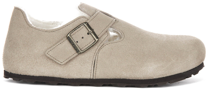 Sabots Birkenstock London | cuir suédé taupe doublé de peau lainée pour femmes