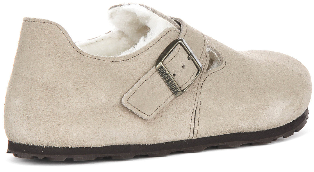 Sabots Birkenstock London | cuir suédé taupe doublé de peau lainée pour femmes
