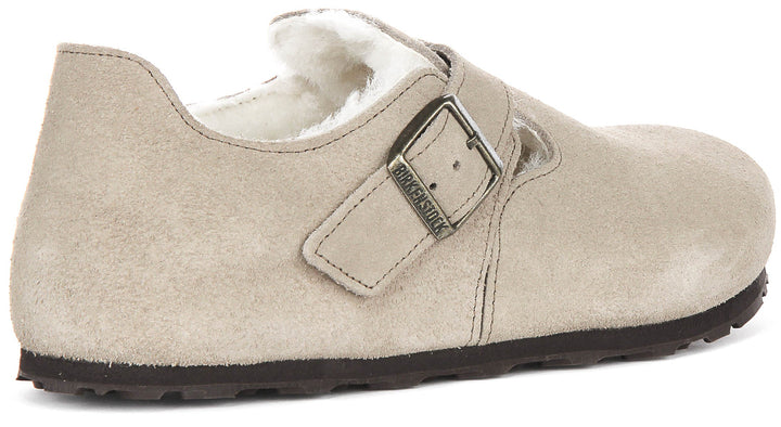 Sabots Birkenstock London | cuir suédé taupe doublé de peau lainée pour femmes