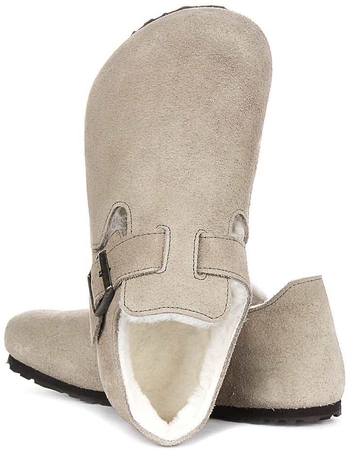 Sabots Birkenstock London | cuir suédé taupe doublé de peau lainée pour femmes