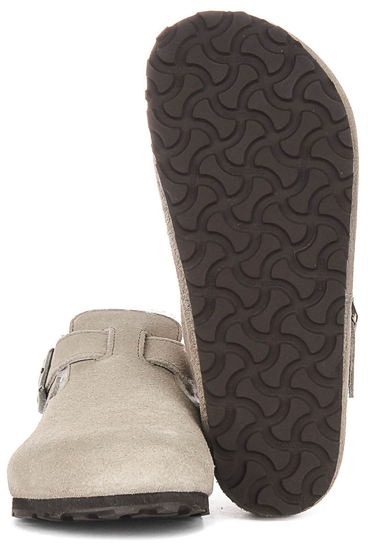 Sabots Birkenstock London | cuir suédé taupe doublé de peau lainée pour femmes