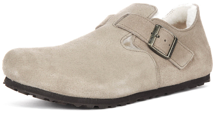 Sabots Birkenstock London | cuir suédé taupe doublé de peau lainée pour femmes