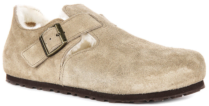 Sabots Birkenstock London | en daim taupe doublé de peau lainée pour hommes et femmes – largeur étroite