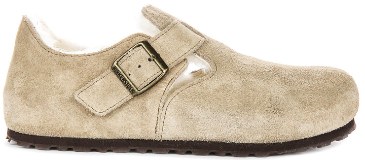 Sabots Birkenstock London | en daim taupe doublé de peau lainée pour hommes et femmes – largeur étroite