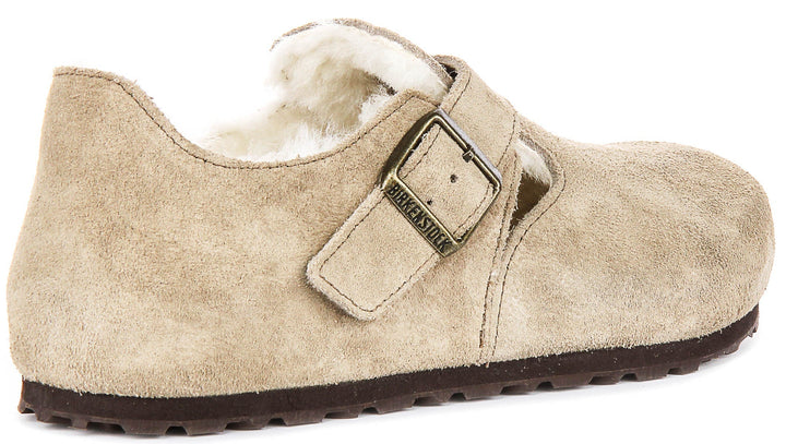 Sabots Birkenstock London | en daim taupe doublé de peau lainée pour hommes et femmes – largeur étroite