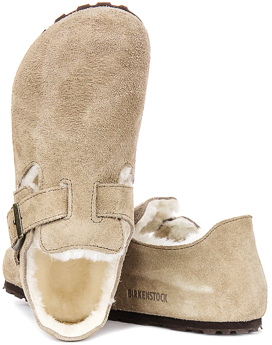 Sabots Birkenstock London | en daim taupe doublé de peau lainée pour hommes et femmes – largeur étroite