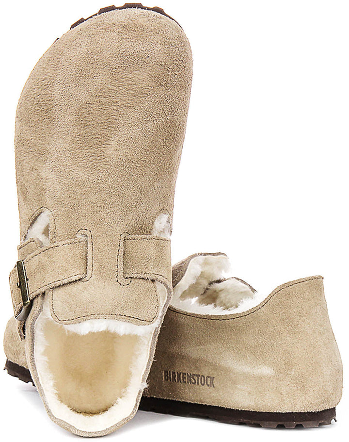 Sabots Birkenstock London | en daim taupe doublé de peau lainée pour hommes et femmes – largeur étroite