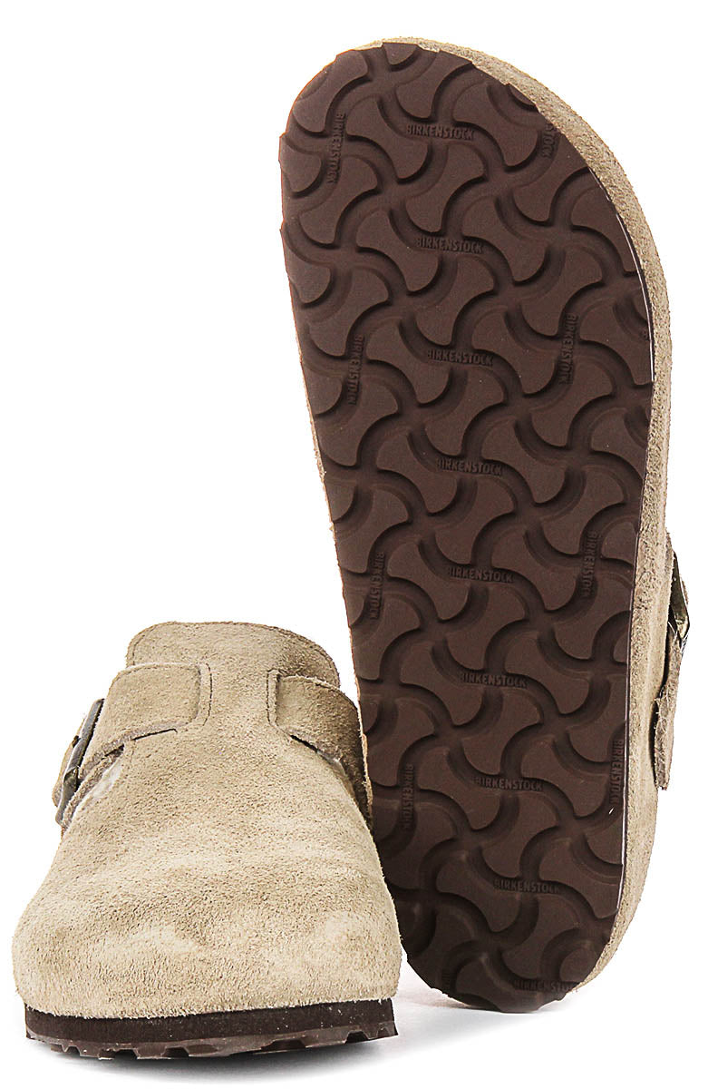 Sabots Birkenstock London | en daim taupe doublé de peau lainée pour hommes et femmes – largeur étroite