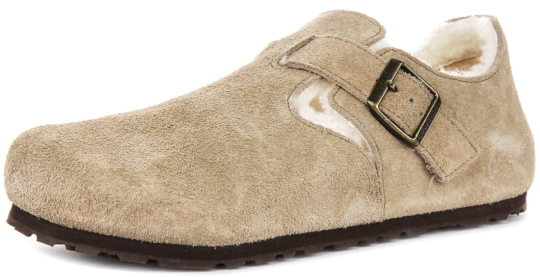 Sabots Birkenstock London | en daim taupe doublé de peau lainée pour hommes et femmes – largeur étroite