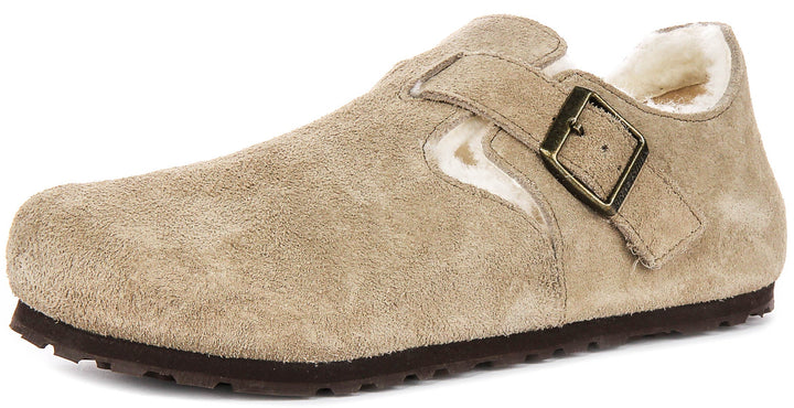 Sabots Birkenstock London | en daim taupe doublé de peau lainée pour hommes et femmes – largeur étroite