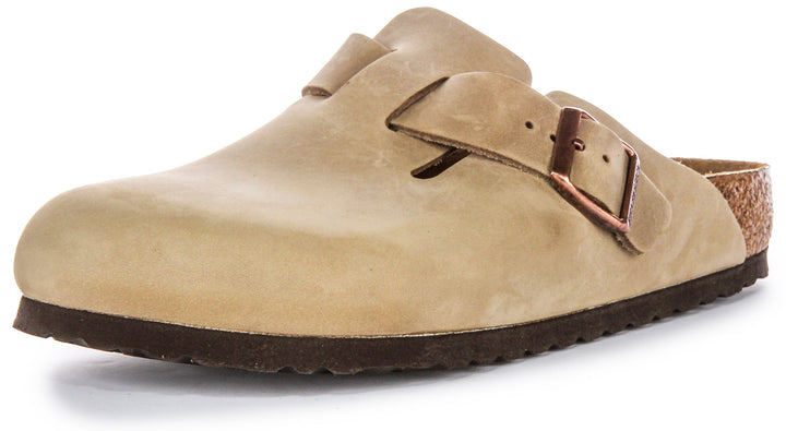 Zuecos Birkenstock Boston | cuero auténtico color tabaco para hombre y mujer