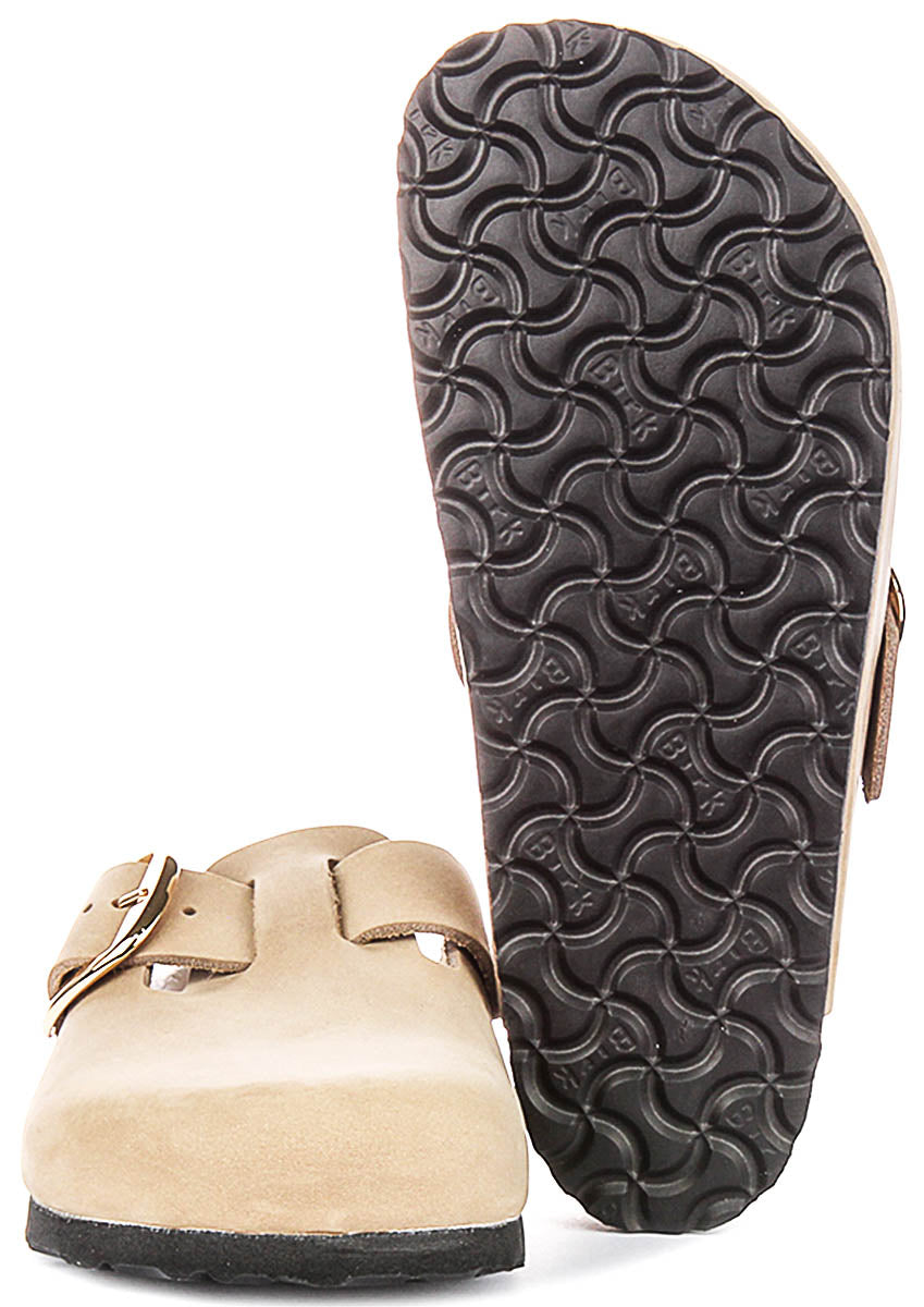 Sabots Birkenstock Boston | en cuir nubuck tabac – grosse boucle pour hommes et femmes – largeur normale