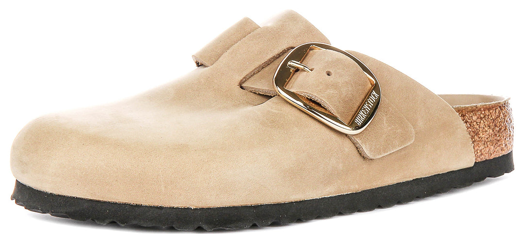 Sabots Birkenstock Boston | en cuir nubuck tabac – grosse boucle pour hommes et femmes – largeur normale